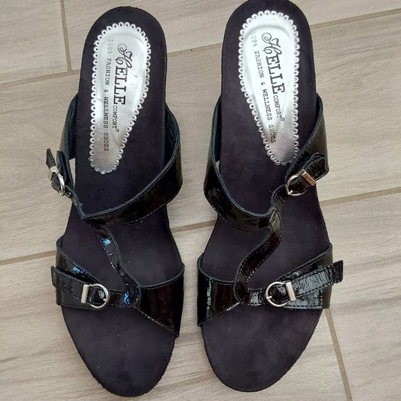 Helle Comfort Black Patent Buckle T-Strap Mule Sandal.  Size 9 - Picture 2 of 7